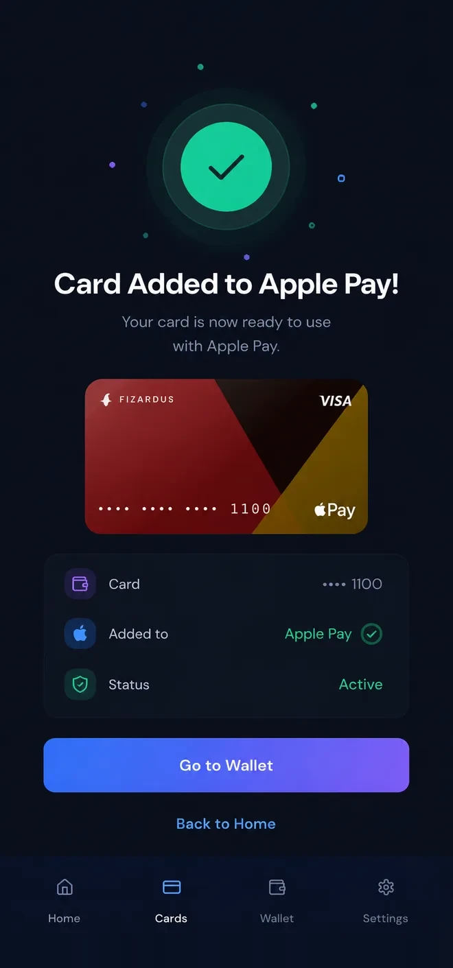 Fizardus app — Add to Apple Pay or Google Pay