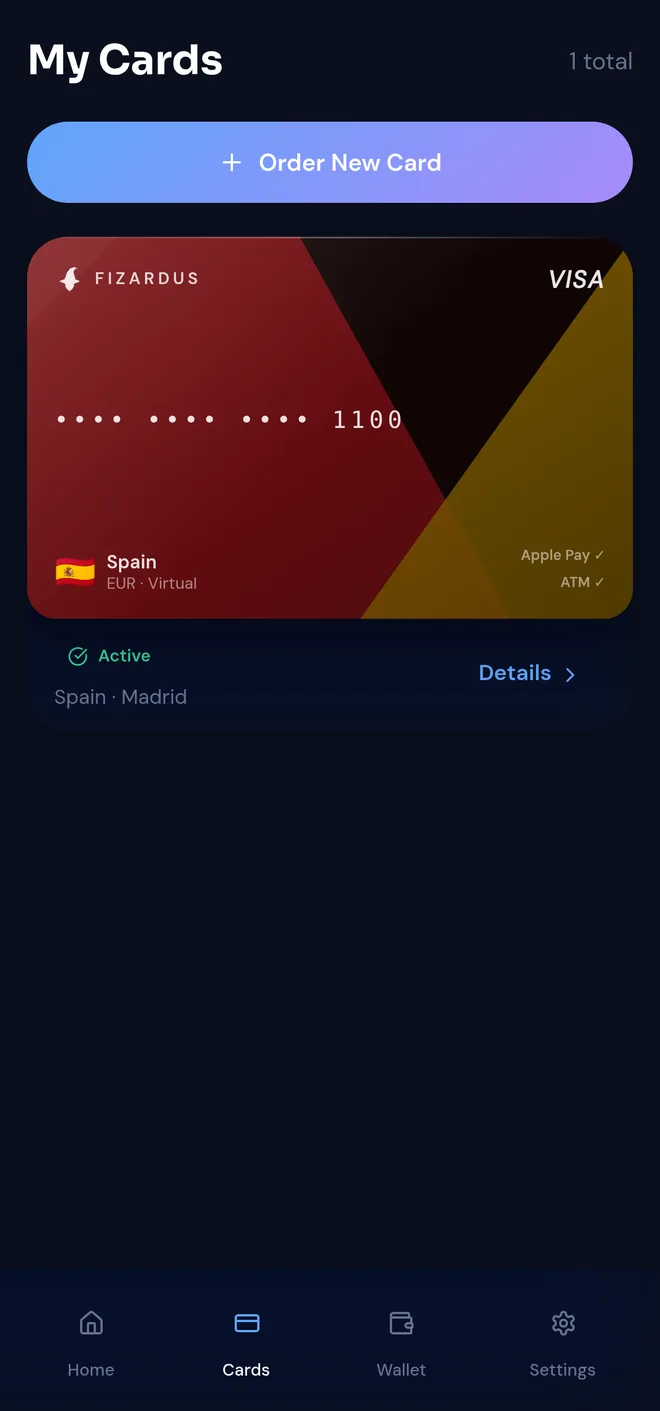 Fizardus app — virtual Visa card issued for Spain