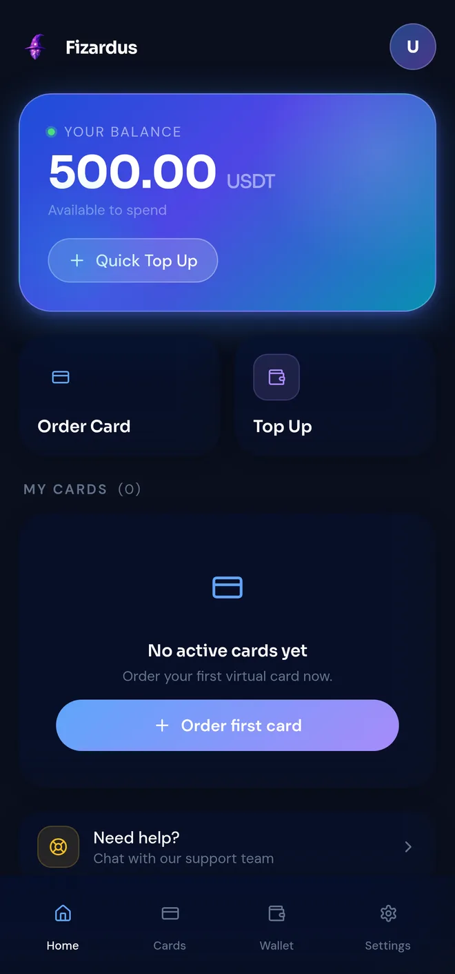 Fizardus app — USDT balance topped up and ready to spend