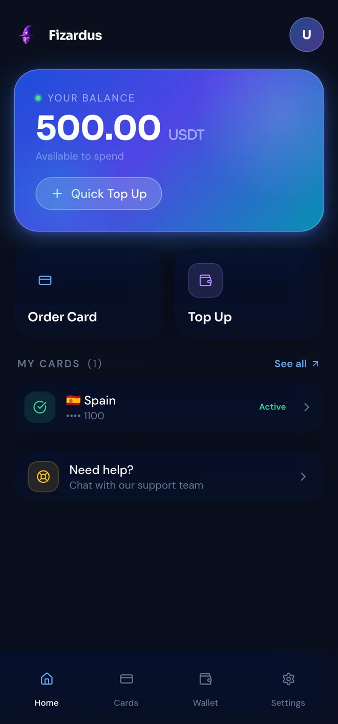 Fizardus app — dashboard with balance and active card