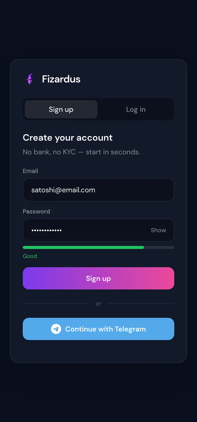 Fizardus app — create your account with email or Telegram